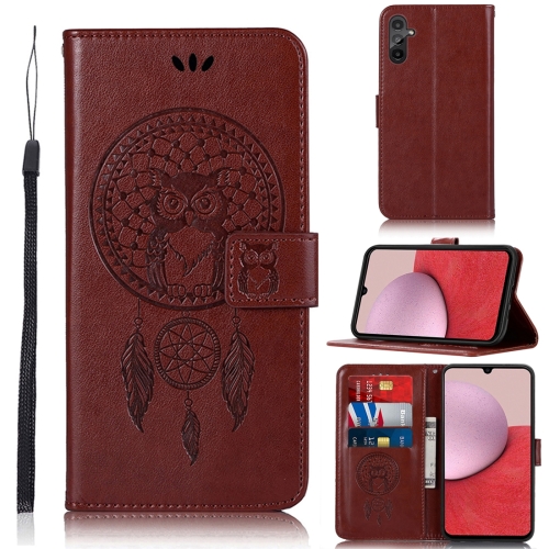 

For Samsung Galaxy A14 Global Wind Chime Owl Embossing Pattern Leather Phone Case(Brown)