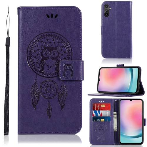

For Samsung Galaxy A24 Global Wind Chime Owl Embossing Pattern Leather Phone Case(Purple)