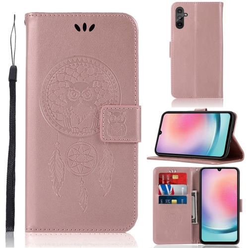 

For Samsung Galaxy A24 Global Wind Chime Owl Embossing Pattern Leather Phone Case(Rose Gold)