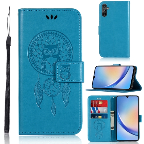 

For Samsung Galaxy A34 5G Global Wind Chime Owl Embossing Pattern Leather Phone Case(Blue)
