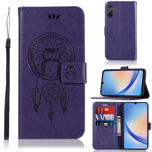 

For Samsung Galaxy A34 5G Global Wind Chime Owl Embossing Pattern Leather Phone Case(Purple)