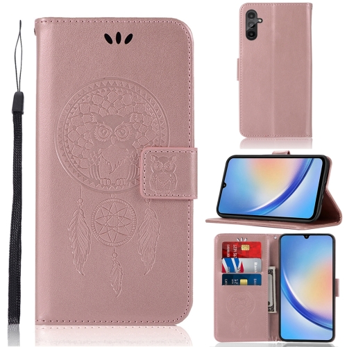 

For Samsung Galaxy A34 5G Global Wind Chime Owl Embossing Pattern Leather Phone Case(Rose Gold)