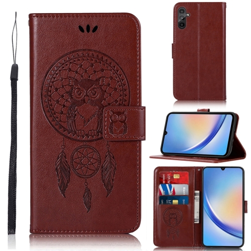 

For Samsung Galaxy A34 5G Global Wind Chime Owl Embossing Pattern Leather Phone Case(Brown)