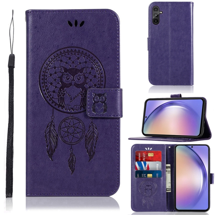 

For Samsung Galaxy A54 5G Global Wind Chime Owl Embossing Pattern Leather Phone Case(Purple)