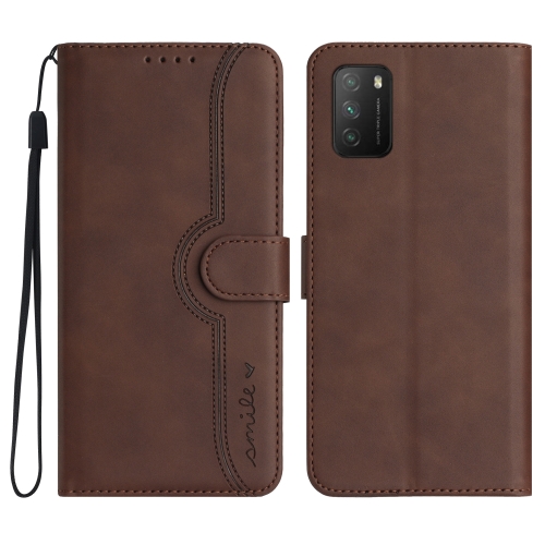 

For Xiaomi Redmi 9T/Poco M3 Heart Pattern Skin Feel Leather Phone Case(Brown)