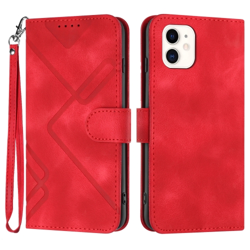 For iPhone 12 mini Line Pattern Skin Feel Leather Phone Case(Red) for iphone 13 stripe pattern cooling tpu phone case yellow