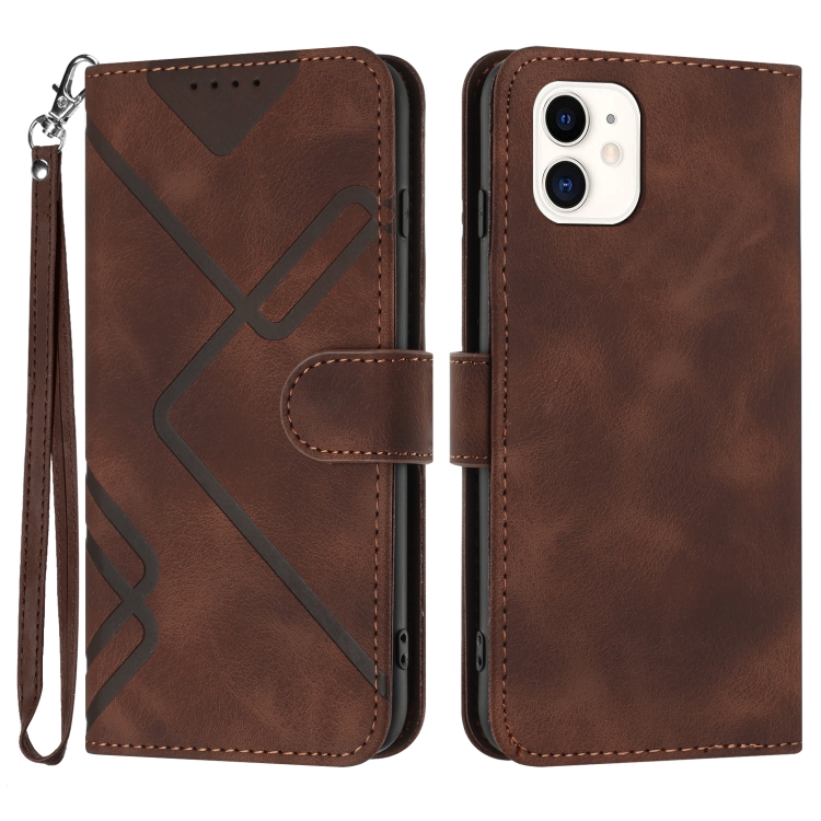 

For iPhone 12 mini Line Pattern Skin Feel Leather Phone Case(Coffee)