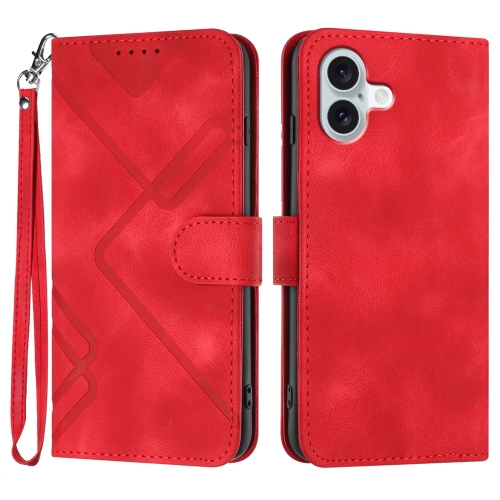 

For iPhone 16 Plus Line Pattern Skin Feel Leather Phone Case(Red)