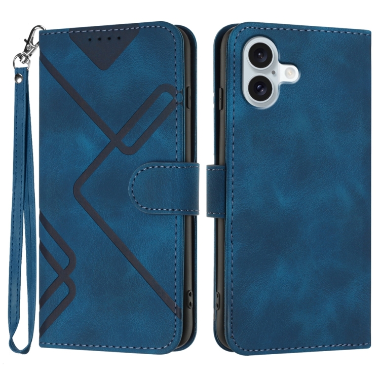 

For iPhone 16 Plus Line Pattern Skin Feel Leather Phone Case(Royal Blue)