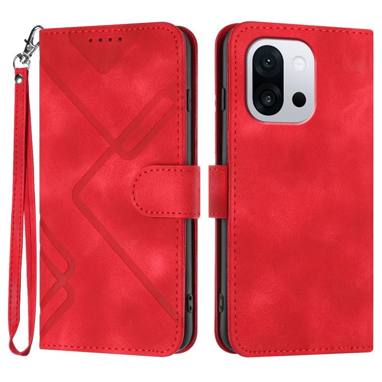

For OnePlus 13T Line Pattern Skin Feel Leather Phone Case(Red)