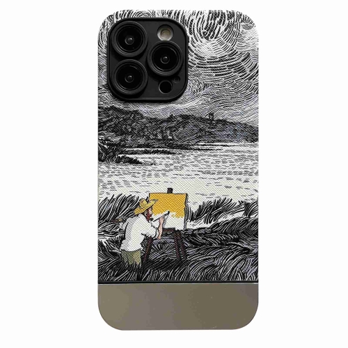 

For iPhone 14 Pro Oil Painting Electroplating Leather Phone Case(Black and White Starry Sky)