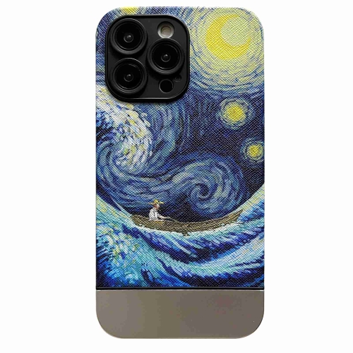 

For iPhone 14 Oil Painting Electroplating Leather Phone Case(Boat in the Waves)
