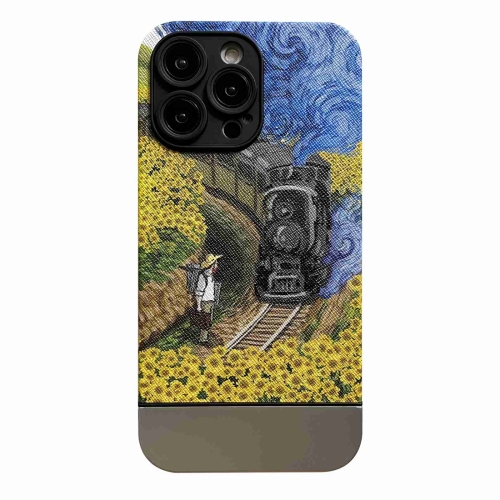 

For iPhone 13 Pro Max Oil Painting Electroplating Leather Phone Case(Train Wheat Field)