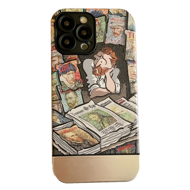 

For iPhone 12 Oil Painting Electroplating Leather Phone Case(Newspapers)