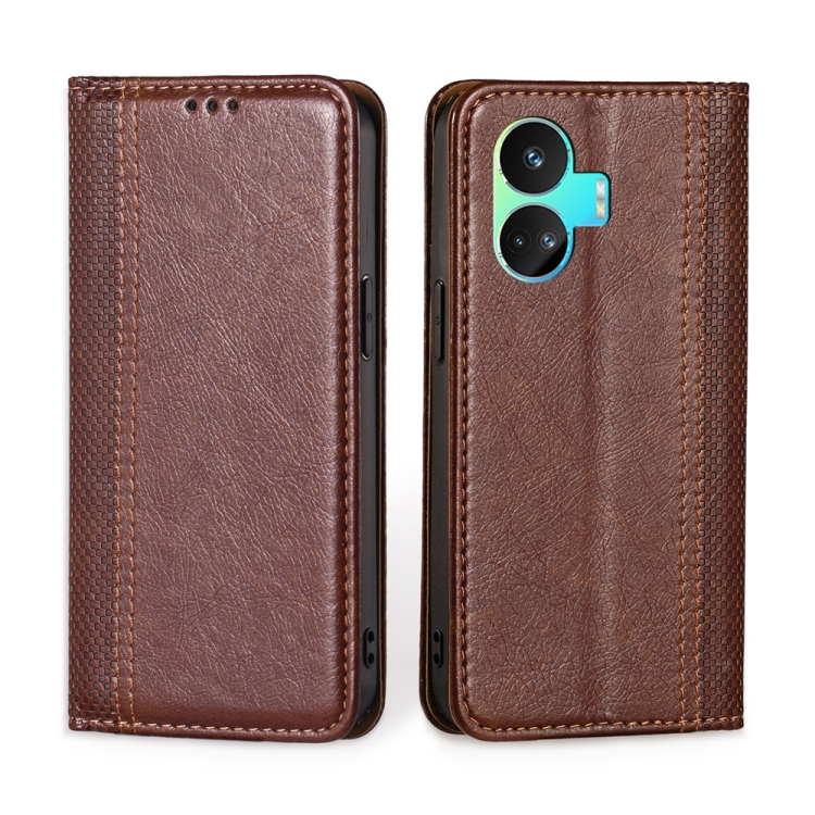 

For Realme GT Neo5 SE Grid Texture Magnetic Flip Leather Phone Case(Brown)