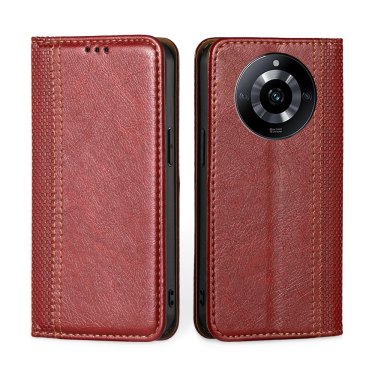 

For Realme 11 5G Grid Texture Magnetic Flip Leather Phone Case(Red)
