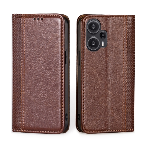 

For Xiaomi Redmi Note 12 Turbo Grid Texture Magnetic Flip Leather Phone Case(Brown)