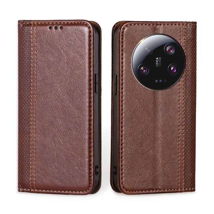 

For Xiaomi 13 Ultra 5G Grid Texture Magnetic Flip Leather Phone Case(Brown)