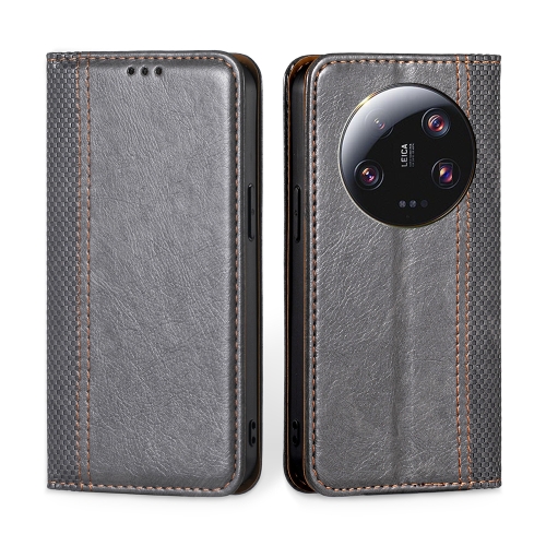 

For Xiaomi 13 Ultra 5G Grid Texture Magnetic Flip Leather Phone Case(Grey)