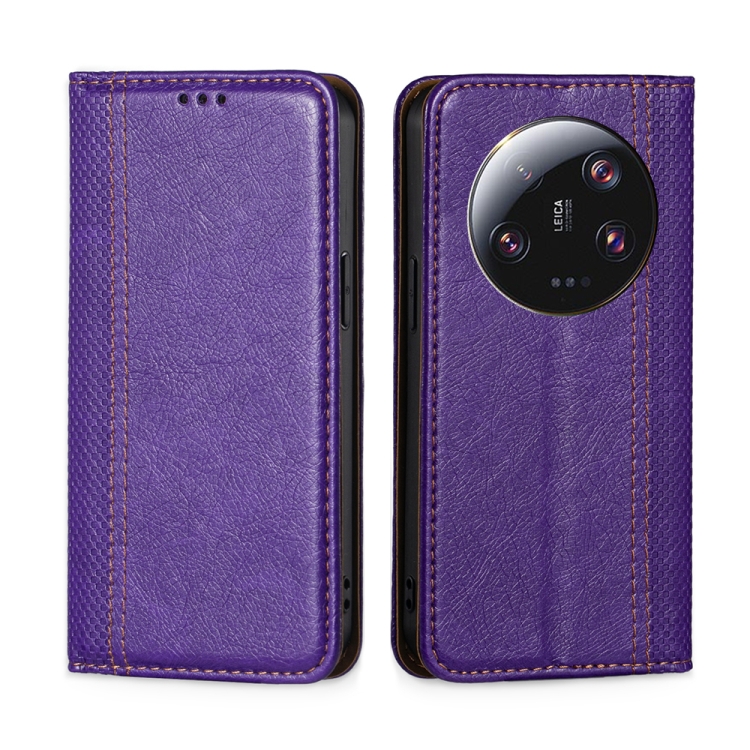 

For Xiaomi 13 Ultra 5G Grid Texture Magnetic Flip Leather Phone Case(Purple)