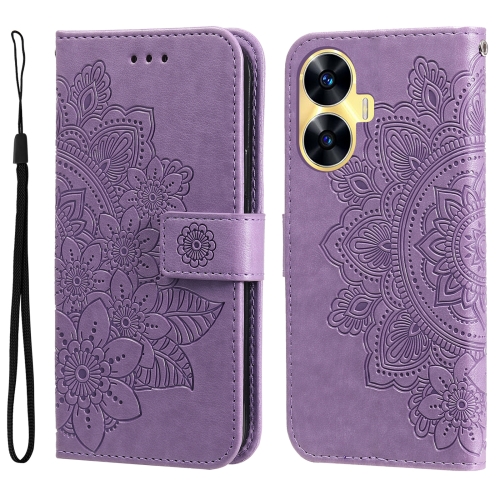 

For Realme C55 7-petal Flowers Embossing Leather Phone Case(Light Purple)