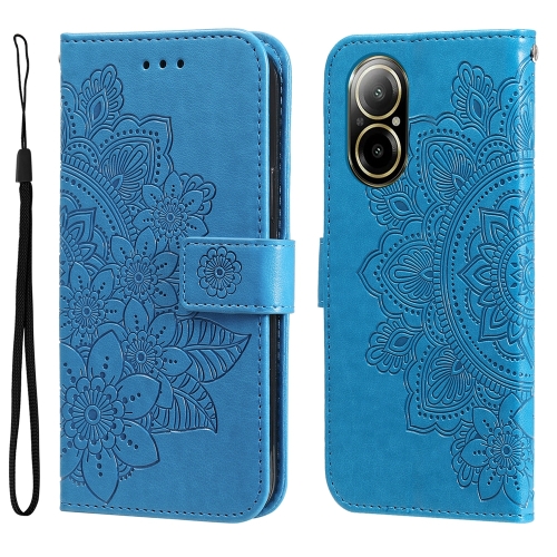 

For Realme C67 4G Global 7-petal Flowers Embossing Leather Phone Case(Blue)