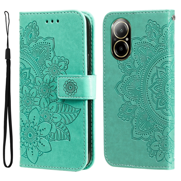 

For Realme C67 4G Global 7-petal Flowers Embossing Leather Phone Case(Green)