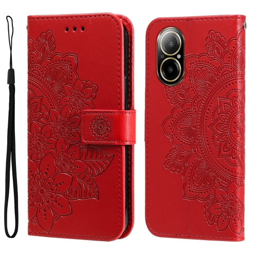 

For Realme C67 4G Global 7-petal Flowers Embossing Leather Phone Case(Red)