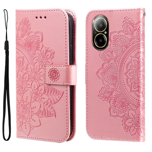 For Realme C67 4G Global 7-petal Flowers Embossing Leather Phone Case(Rose Gold) for xiaomi 14 pro side buckle double fold hand strap leather phone case purple