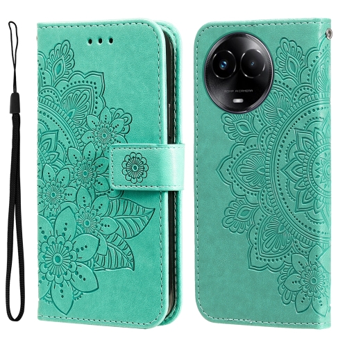 

For Realme C67 5G Global / 11 5G Taiwan Version 7-petal Flowers Embossing Leather Phone Case(Green)