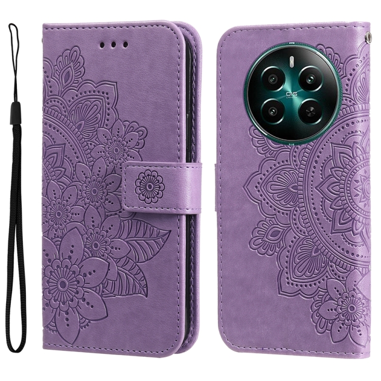 

For Realme 12+ 7-petal Flowers Embossing Leather Phone Case(Light Purple)
