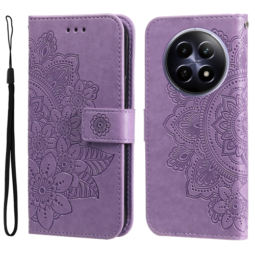 For Realme 12 5G 7-petal Flowers Embossing Leather Phone Case(Light Purple) for xiaomi 14 pro side buckle double fold hand strap leather phone case purple