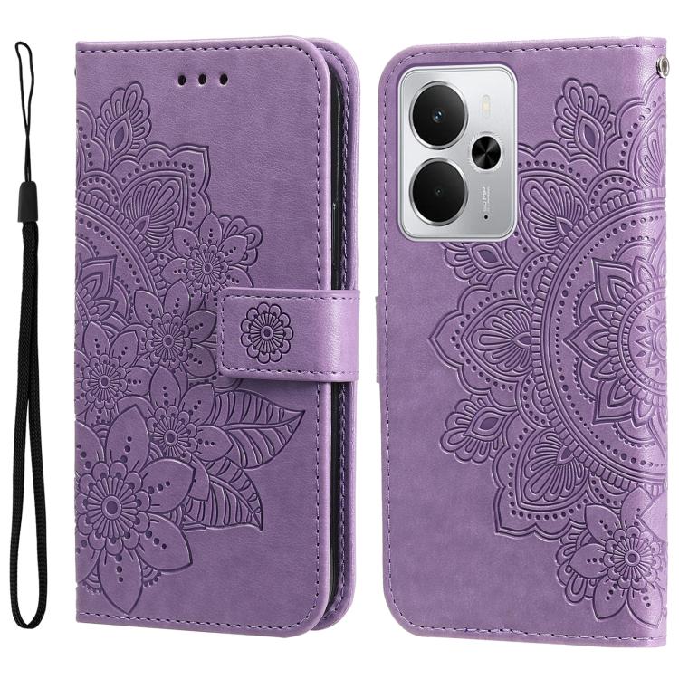 

For Realme 14 Global Seven-petal Flowers Embossing Leather Phone Case(Light Purple)