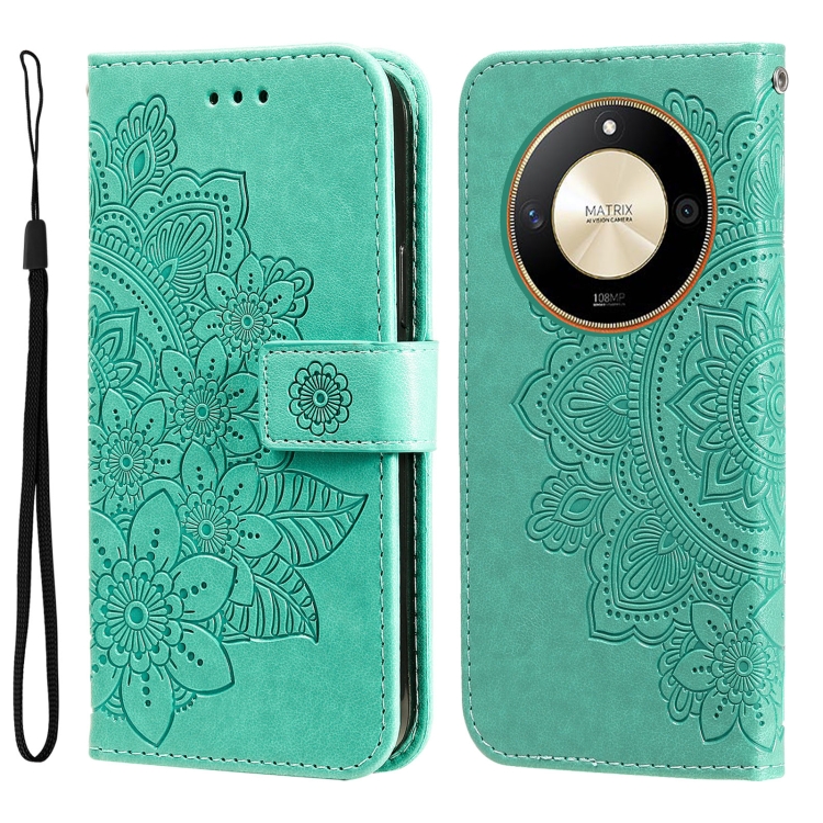 

For Honor X50 7-petal Flowers Embossing Leather Phone Case(Green)
