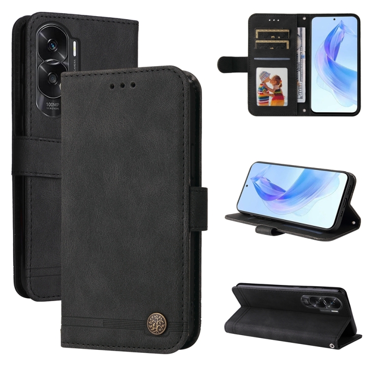 

For Honor X50i 5G Skin Feel Life Tree Metal Button Leather Phone Case(Black)