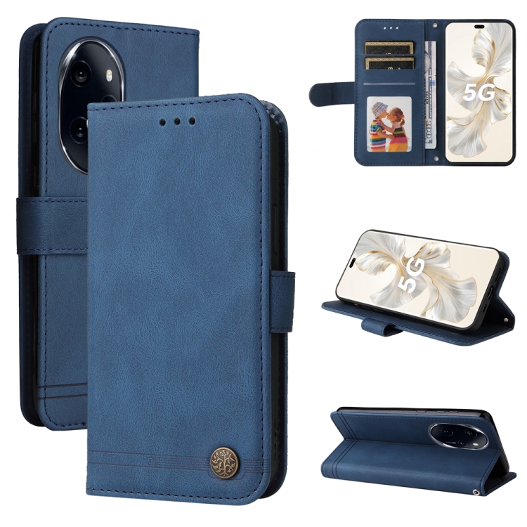 

For Honor 100 Pro Skin Feel Life Tree Metal Button Leather Phone Case(Blue)
