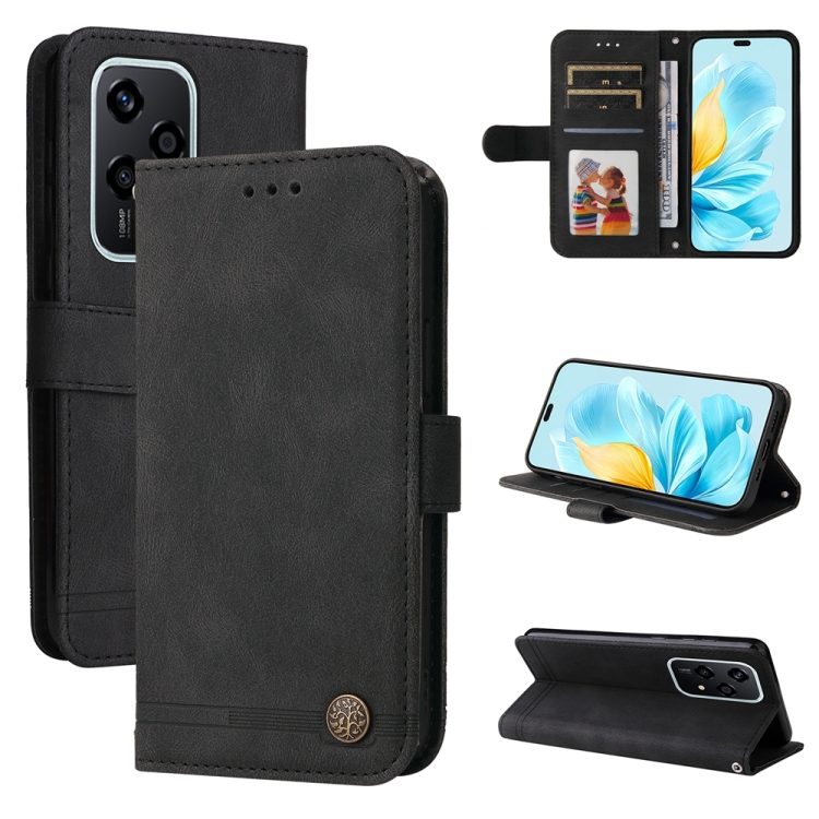 

For Honor 200 Lite Global Skin Feel Life Tree Metal Button Leather Phone Case(Black)