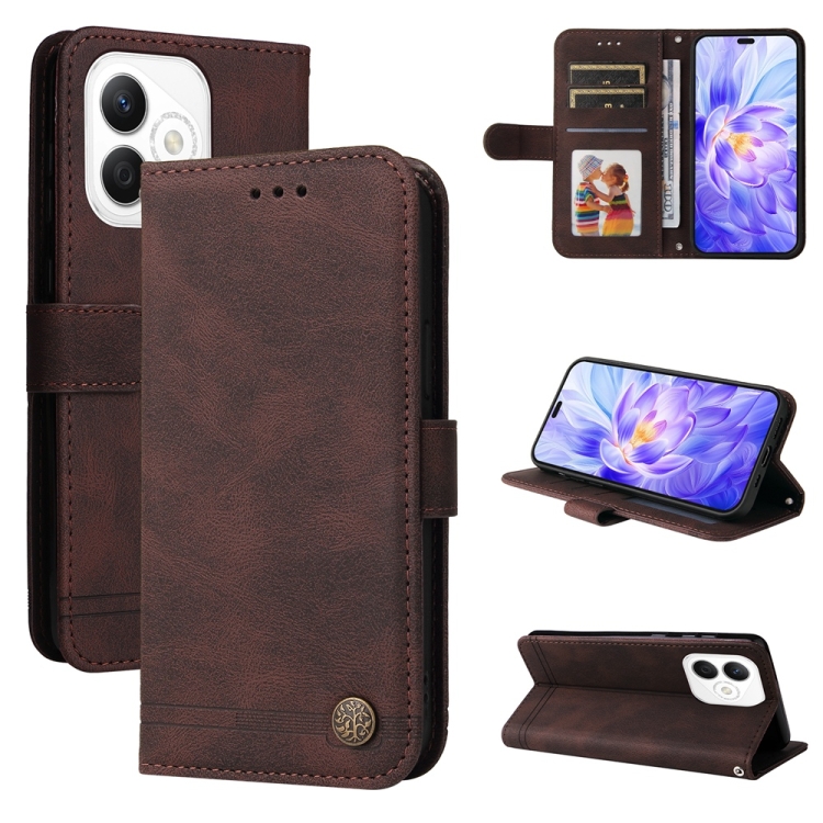 

For Honor X60i Skin Feel Life Tree Metal Button Leather Phone Case(Brown)