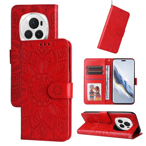 

For Honor Magic6 Pro Embossed Sunflower Leather Phone Case(Red)