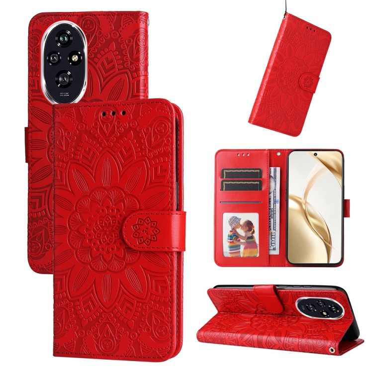 

For Honor 200 Embossed Sunflower Leather Phone Case(Red)