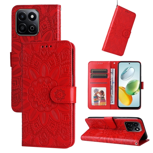 

For Honor Play 60 Plus Embossed Sunflower Leather Phone Case(Red)