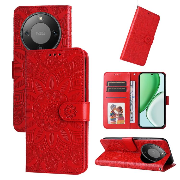 

For Honor X70 5G Embossed Sunflower Leather Phone Case(Red)