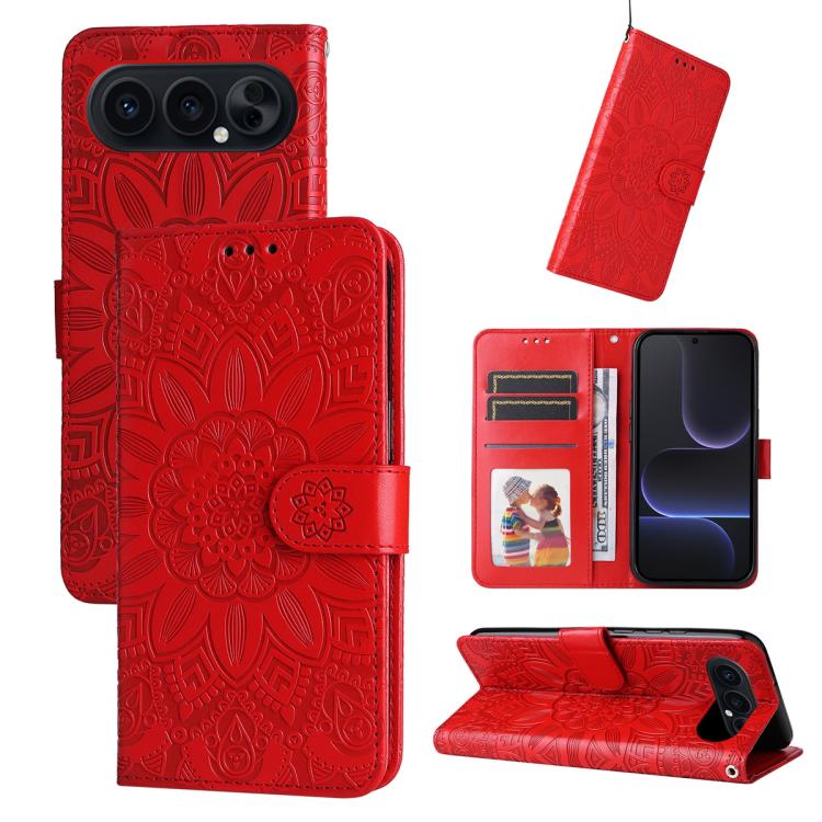

For Honor 500 / 500 Pro Global 155.8mm Embossed Sunflower Leather Phone Case(Red)