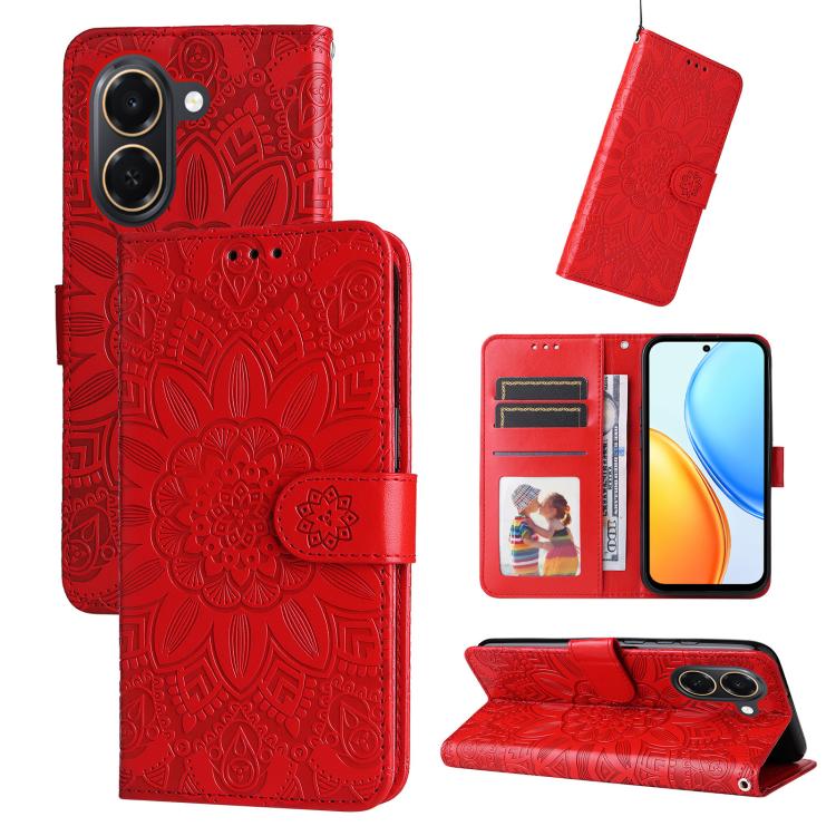 

For Honor Play 80 Plus 5G Embossed Sunflower Leather Phone Case(Red)