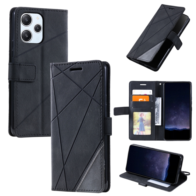 

For Redmi 12 4G Skin Feel Splicing Leather Phone Case(Black)