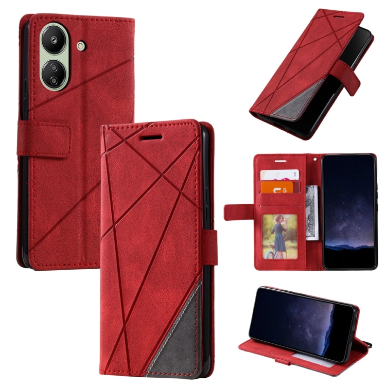 

For Xiaomi Redmi 13C Skin Feel Splicing Leather Phone Case(Red)