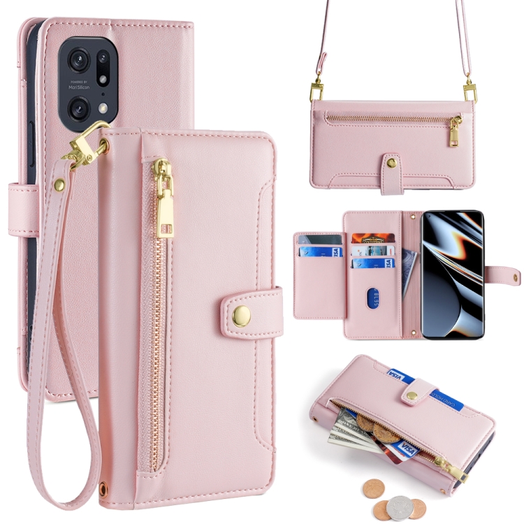 

For OPPO Find X5 Pro Sheep Texture Cross-body Zipper Wallet Leather Phone Case(Pink)