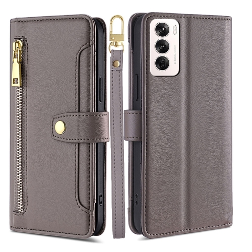 

For OPPO Reno12 5G Global Sheep Texture Cross-body Zipper Wallet Leather Phone Case(Grey)