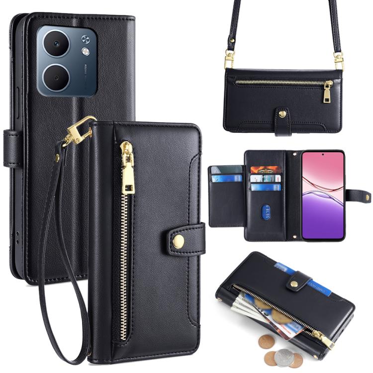 

For OPPO A5x 5G Global Sheep Texture Cross-body Zipper Wallet Leather Phone Case(Black)