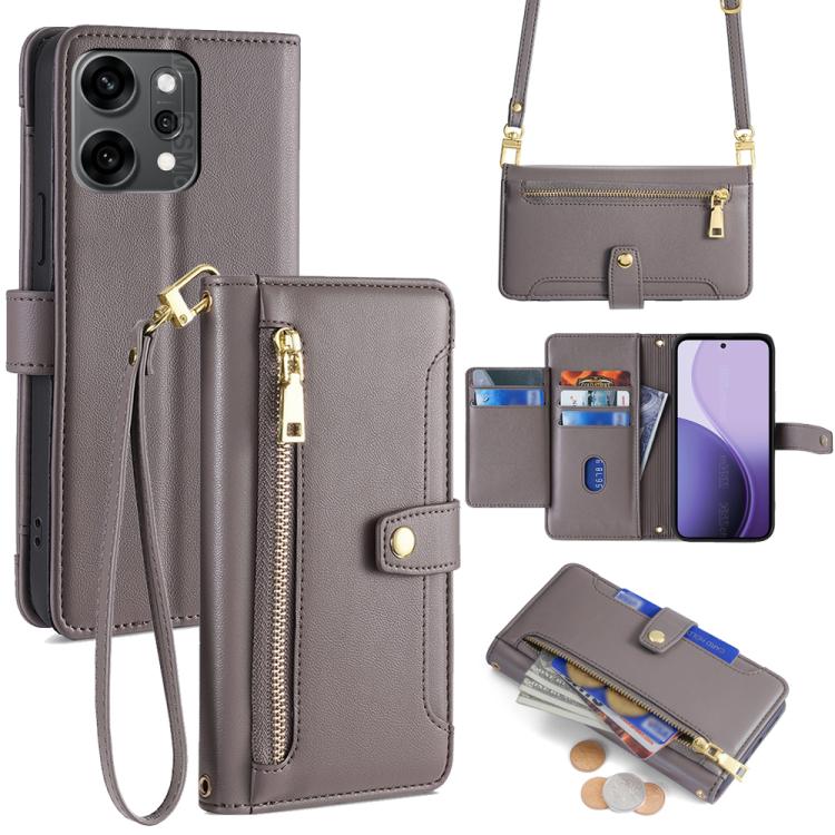 

For OPPO Reno14 Pro 5G Sheep Texture Cross-body Zipper Wallet Leather Phone Case(Grey)